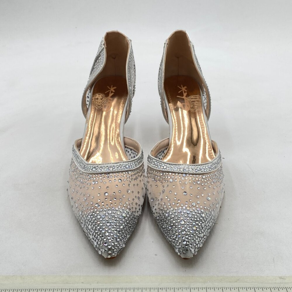 XYD Ivory Mesh Pointed Toe D'Orsay Kitten Heel Rhinestone Studs Slip-On Shoes - Picture 3 of 8